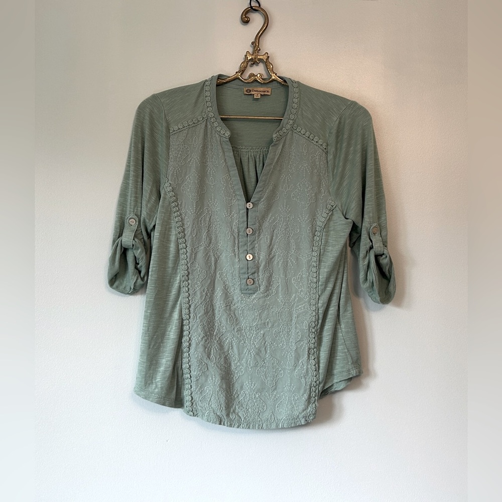 Democracy green flowy top with embroidered and crochet details